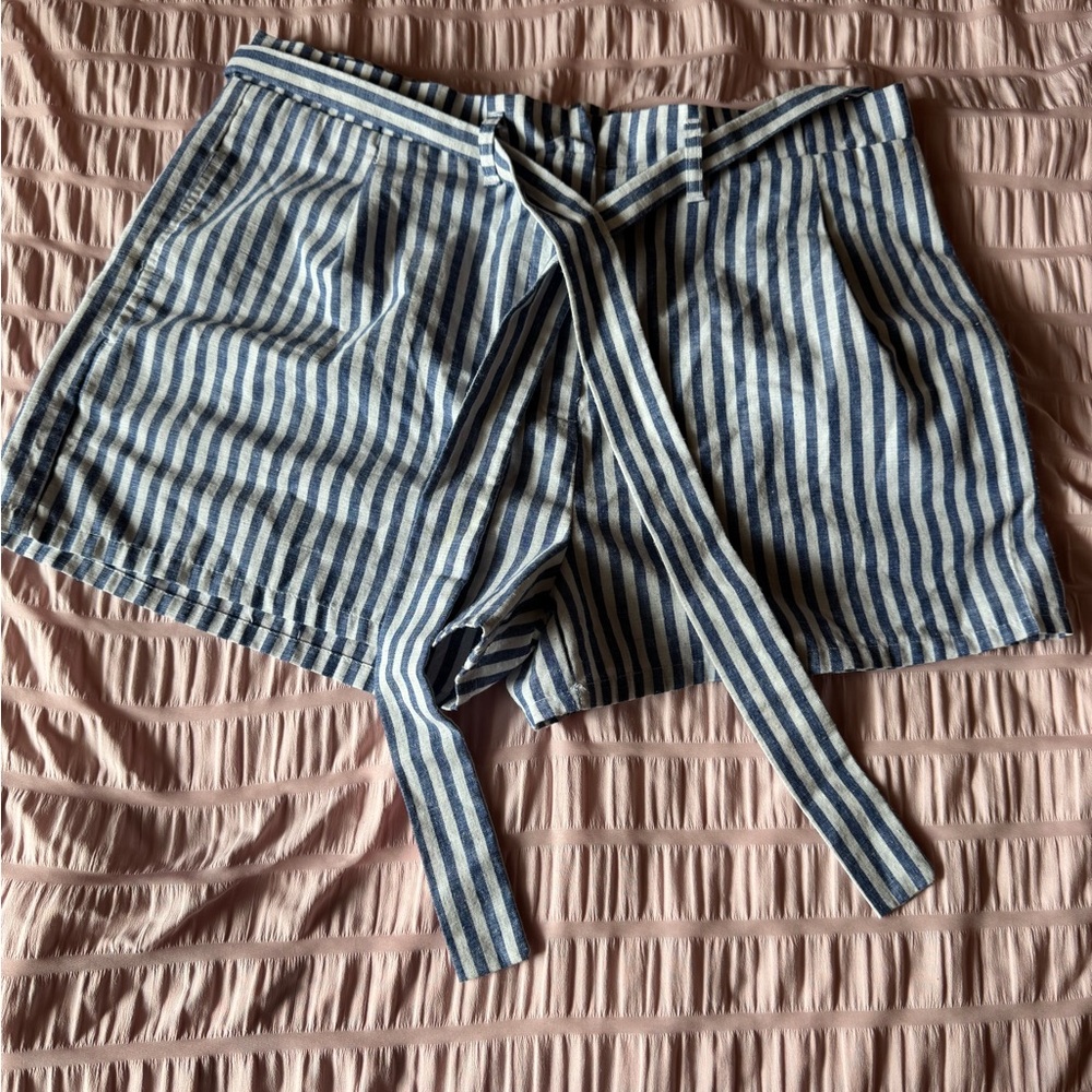 Love Tree Blue and White Striped Tie-Waist Bermuda Shorts